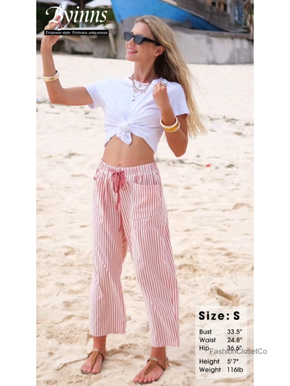 Faux Linen Striped Barrel Pants Drawstring Capri Lounge Trousers with Pockets - Picture 6 of 6